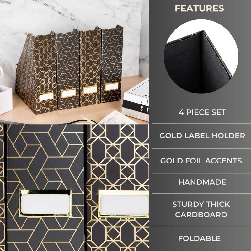 BLU MONACO | Set of 4 Black & Gold Geometric Magazine File Holders with Gold Label Holders | Stylish Vertical File Organizer Boxes for Desk, Bookshelf & Office Storage - Image 5